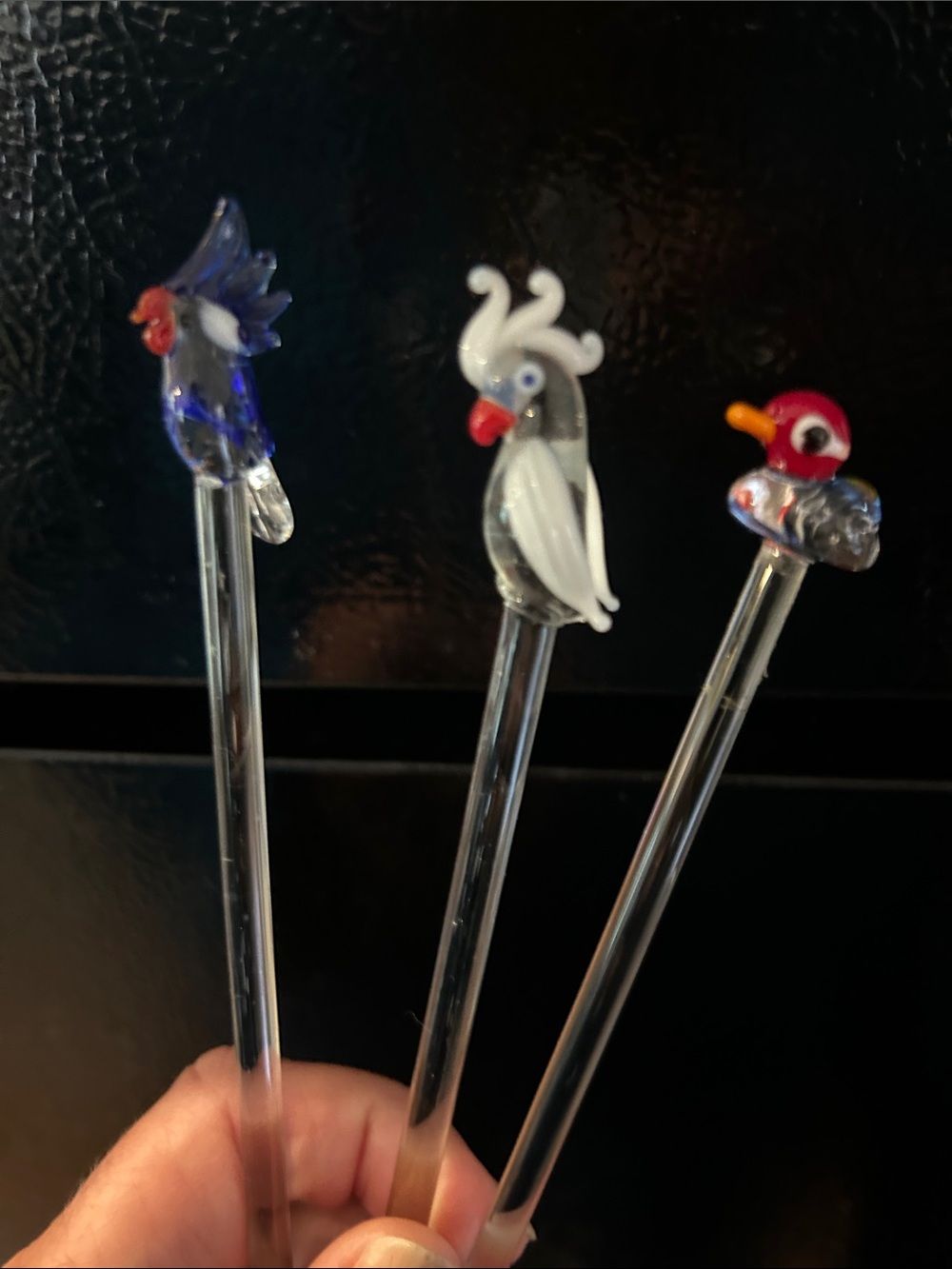 Hand Blown Glass Bird Cocktail Stirrers - Blue & White Parrots and colorful duck